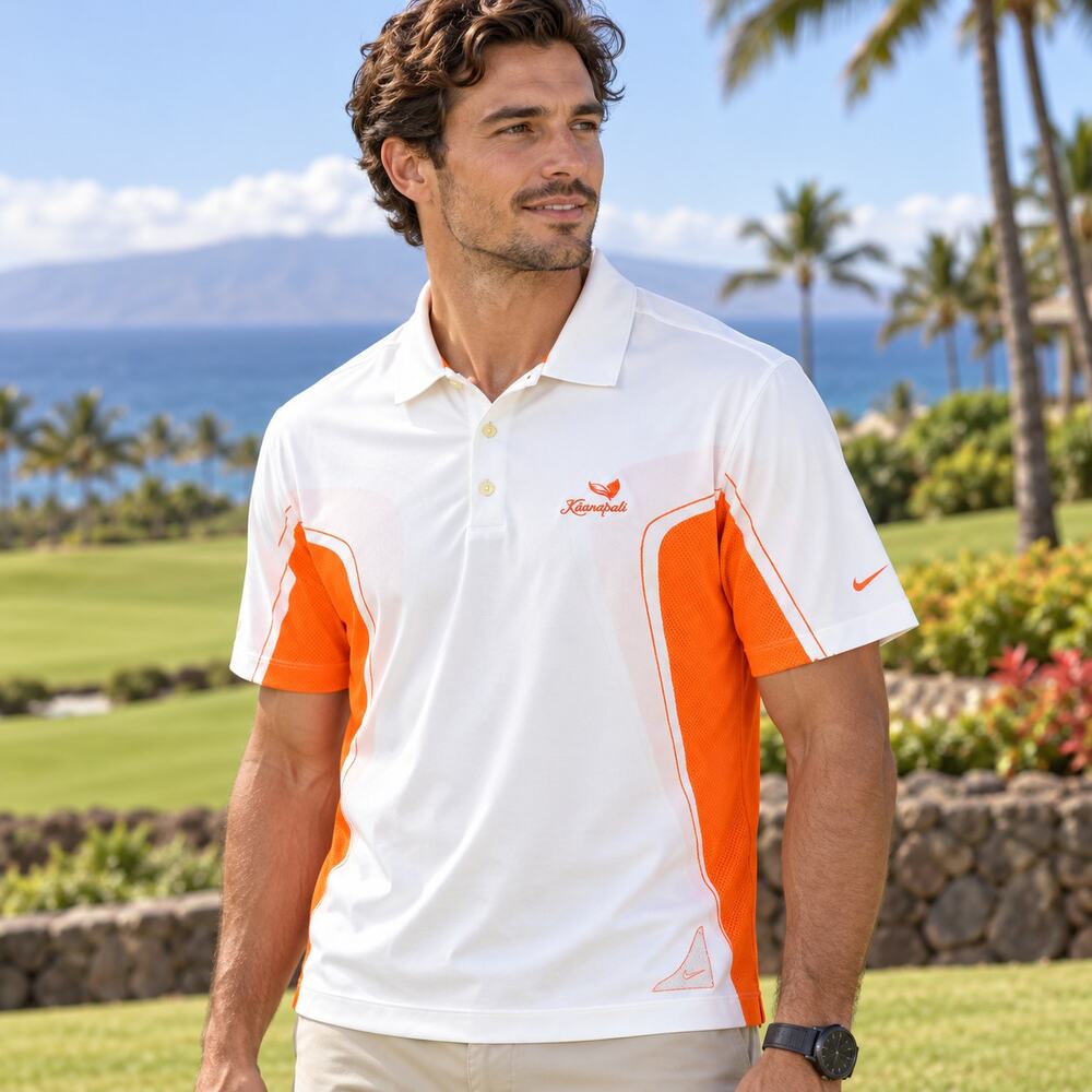 Nike Golf Tour Performance Dri-FIT Polo Kaanapali Maui Orange White Men's Large